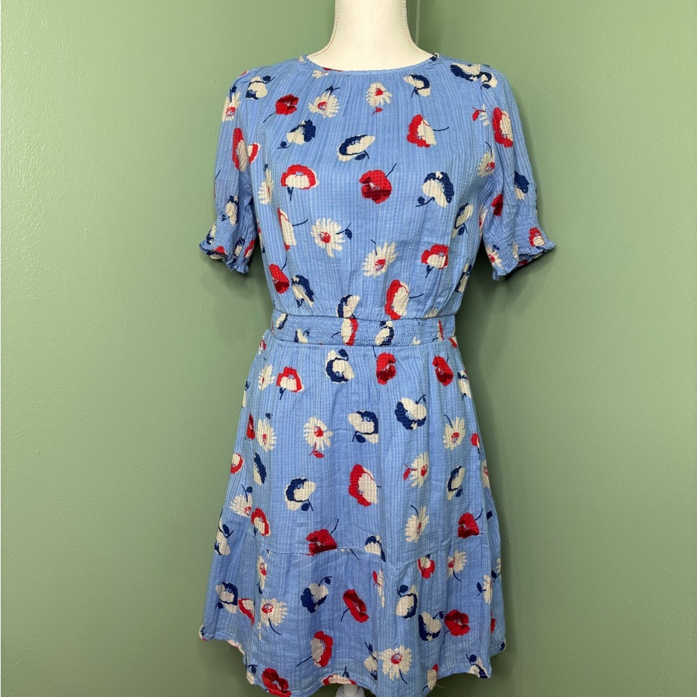 LOFT Light Blue Floral Belted Mini Dress - Picture 1 of 8